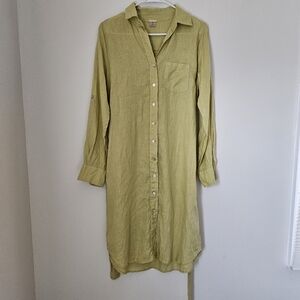 100% Linen Button-Front Shirt Dress in Light Yellow Size S Chic Euro Summer